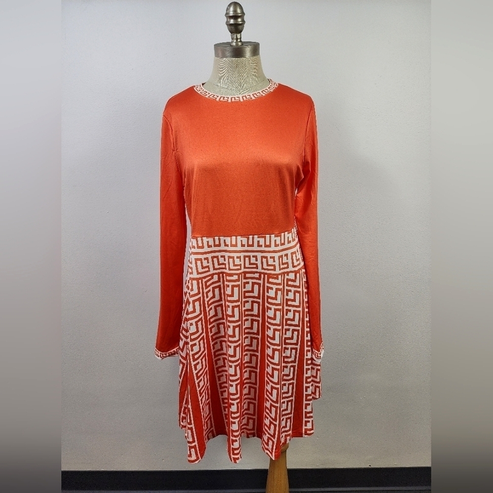 Orange White Geometric Greek Key Long Sleeve Dress Size Large